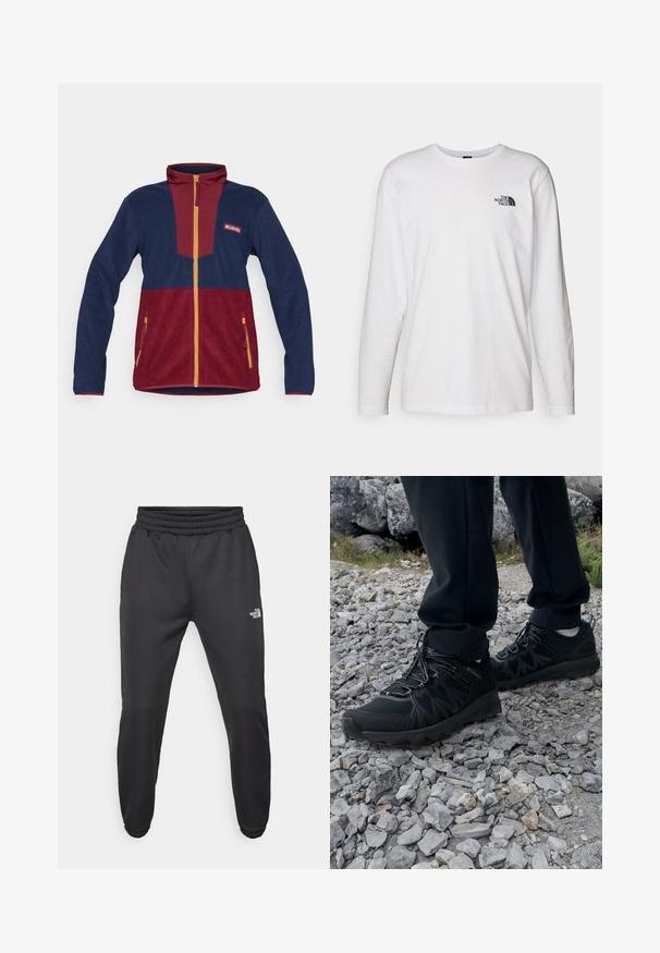 Chaqueta de forro polar en azul marino y burdeos, con cuello alto, cremallera completa y acentos amarillos. Incluye bolsillos laterales con cremallera.; Camiseta de manga larga blanca de algodón con cuello redondo. Presenta un pequeño logotipo negro en el pecho. Textura suave, corte regular.; Pantalones deportivos negros con cintura ajustable mediante cordón, corte tapered, puños elásticos y un pequeño logo blanco en el muslo izquierdo, fabricados en tejido suave.; Zapatos exteriores negros con malla y material sintético, que presentan un upper texturizado, un sistema de cordones seguro y una suela robusta, sobre terreno rocoso.