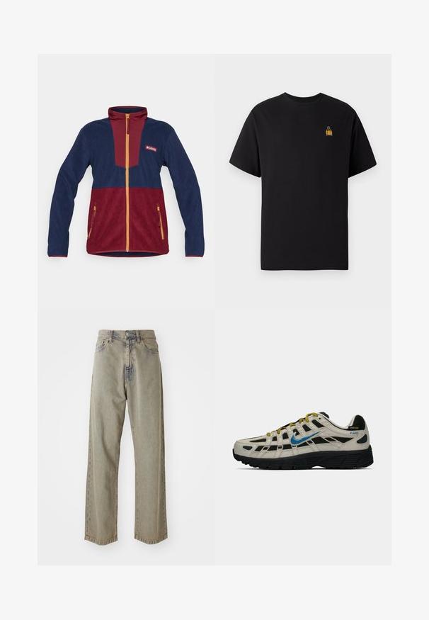 Jachetă din fleece în culorile albastru marin și burgund, cu guler înalt, fermoar complet și accente galbene. Include buzunare laterale cu fermoar.; Tricou din bumbac negru, cu mâneci scurte, gât rotund și un mic design brodat galben pe partea stângă a pieptului.; Jeans largi de culoare gri deschis din denim, cu o textură estompată, cusături vizibile și un închizător tradițional cu buton și fermoar.; Adidași Nike P-6000 bej și negri cu swoosh albastru, șireți galbeni, talpă neagră și etichetă din material Cordura pe toc.