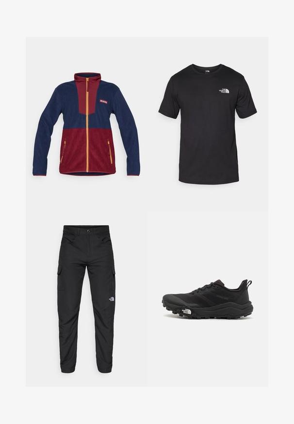Sötétkék és burgundi színű polárdzseki, magas gallérral, teljes cipzárral és sárga kiegészítőkkel. Oldalsó cipzáras zsebekkel rendelkezik.; Fekete rövidujjú pamut póló, kerek nyakkivágással, a bal felső mellkason egy kis fehér logóval.; The North Face HORIZON PANT - Szabadtéri nadrágok - black; Fekete terepfutó cipő, textúrált felső résszel, gumitalppal és megerősített lábujjrészével. Párnázott bokarésszel és húzófüllel rendelkezik a könnyű felhúzáshoz.