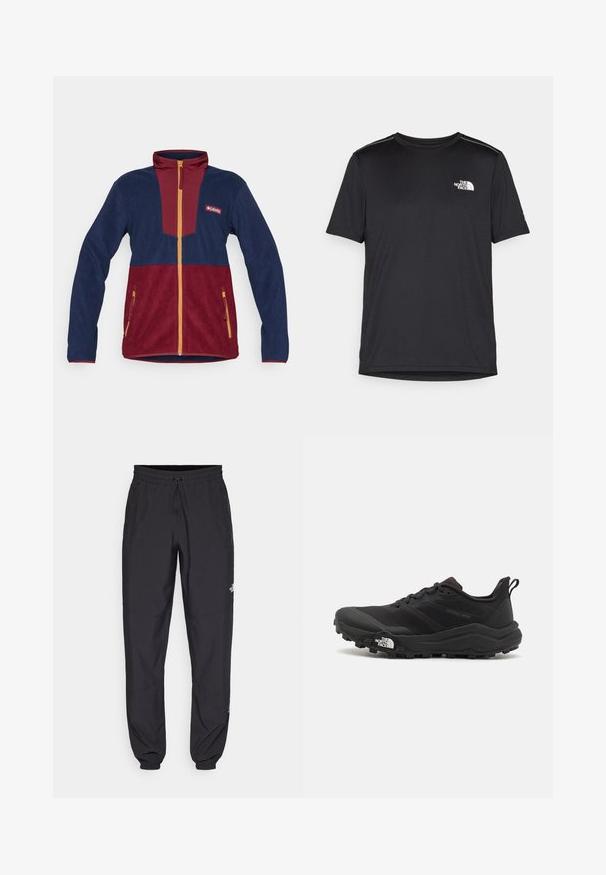 Fleecová bunda v námorníckej modrej a bordovej farbe, so zvýšeným golierom, plným zipsom a žltými akcentmi. Obsahuje zipsové bočné vrecká.; Čierne tričko s krátkym rukávom vyrobené z ľahkej tkaniny. Obsahuje malé biele logo na ľavej hrudi a jemné akcenty na pleciach.; Čierne športové nohavice vyrobené z ľahkej tkaniny, s elastickým pásom na šnurovanie, bočnými vreckami a zúženými manžetami na členkoch.; Čierne trailové behacie topánky s štruktúrovaným zvrškom, gumovou podrážkou a vystuženou špičkou. Obsahuje polstrovaný golier a úchyt na jednoduché obúvanie.