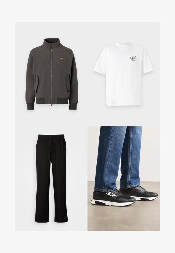 Dark grey zip-up jacket with stand collar, two side pockets, ribbed cuffs and hem, featuring a small yellow logo on the left chest.; White cotton t-shirt with short sleeves, crew neck, featuring a black CK logo on the left chest area, standard fit, smooth texture.; Black pants with a relaxed fit, made from lightweight fabric. Features an elastic waistband, button closure, and two front pockets.; Black athletic shoes with textured leather and mesh upper, featuring a white midsole and side accents. Worn with blue denim jeans.