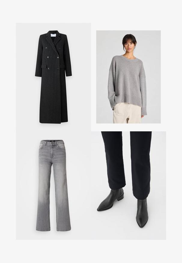 Palton lung, cu două rânduri de nasturi, din țesătură neagră cu o textură fină de dungi. Include revere în formă de notă, buzunare laterale și detalii cu nasturi.; Pulover gri tricotat, cu o croială lejeră, decolteu rotund, manșete și tiv ribbat. Textură moale cu un model de tricotare subtil. Asortat cu pantaloni deschiși.; Jeans din denim gri, cu talie înaltă și croială dreaptă, cu fermoar și nasture frontal, buzunare frontale și spate, și nuanțe estompate pe coapse și gambe.; Bocanci din piele neagră, până la gleznă, cu vârf ascuțit, toc pătrat și panouri laterale texturate, purtați cu pantaloni închiși la culoare, pe un fundal alb.
