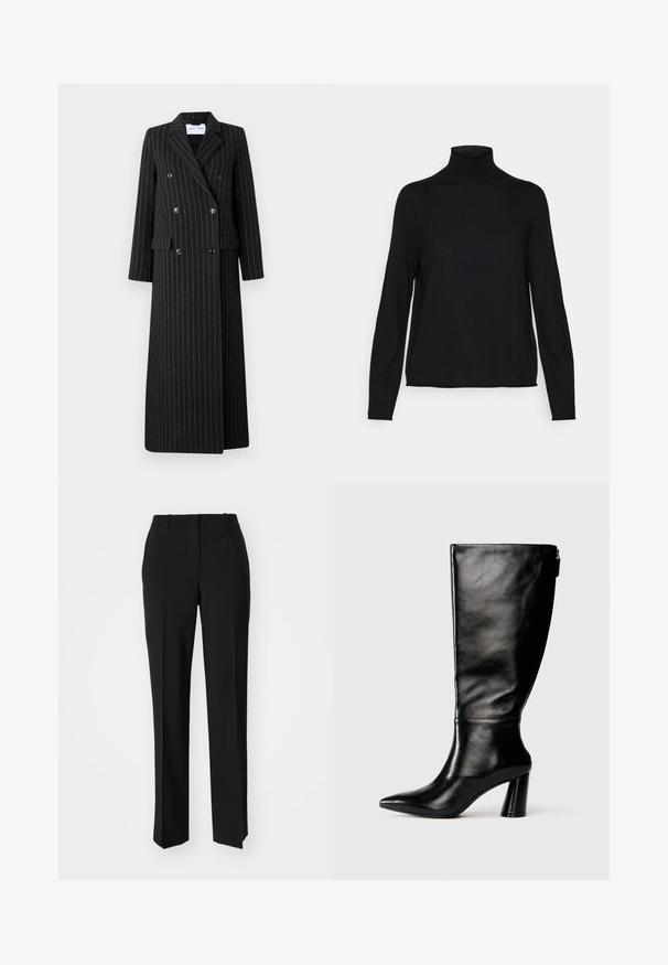 Kaksirivinen pitkä takki mustasta kankaasta, jossa on hienot raidat. Ominaisuuksiin kuuluu lovetut kaulukset, sivutaskut ja napin yksityiskohdat.; Mustapullan kauluspaidasta, joka on valmistettu pehmeästä ja joustavasta kankaasta, on pitkät hihat ja rento istuvuus. Sileä pinta, minimalistinen muotoilu, ei kuvioita.; Mustat räätälöidyt housut suoraa lahjetta, joissa on sileä pinta ja terävät taitteet edessä. Ei näkyvää metalliosaa.; Mustat nahkasaappaat, joissa on terävä kärki, sileä pinta ja paksu korko. Takana on vetoketjuyksityiskohta.