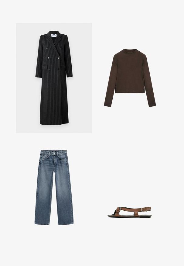 Cappotto lungo doppiopetto in tessuto nero con sottili righe verticali. Presenta rever a punta, tasche laterali e dettagli con bottoni.; Maglione a maniche lunghe color marrone scuro con scollo rotondo, leggermente corto e dal design semplice e senza cuciture.; Jeans a vita alta e gamba larga in denim blu medio con un finish sbiadito, design a cinque tasche e chiusura con bottone in tonalità argento.; Sandal in pelle marrone con punta aperta e ritagli laterali. Presenta una fascia alla caviglia con una fibbia metallica e una suola piatta.