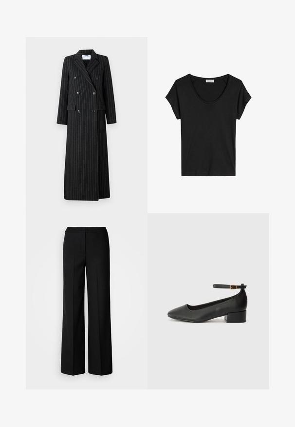 Dubbelbreasted lange jas van zwarte stof met subtiele streepjes. Voorzien van geknipte revers, zijzakken en knopendetails.; Zwarte t-shirt met korte mouwen en een ronde hals, gemaakt van zacht, lichtgewicht materiaal met een gladde textuur en zonder zichtbare patronen.; Zwarte wijde broek van een gladde stof, met een hoge taille, nauwkeurig gestikte naden en een minimalistisch ontwerp. Geen zichtbare hardware of zakken.; Zwarte leren pump met een spitse neus en een lage blokhak. Beschikt over een enkelband met een goudkleurige gespsluiting. Gladde textuur.