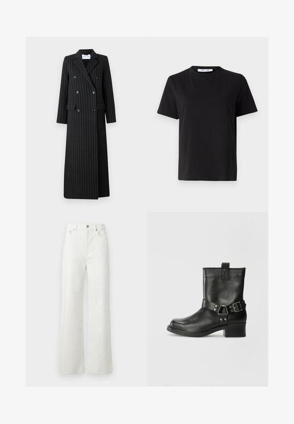 Dlhý kabát s dvojitým zapínaním v čiernej látke s jemným prúžkom. Má klopové revíry, bočné vrecká a button detaily.; Čierne tričko s krátkym rukávom vyrobené z mäkkej bavlny, s okrúhlym výstrihom, uvoľneným strihom a hladkou štruktúrou. Žiadne viditeľné vzory ani grafika.; Samsøe Samsøe SHELLY - Džínsy voľného strihu - clear cream; Samsøe Samsøe SABRENTA - Kovbojská/motorkárska členková čižma - black