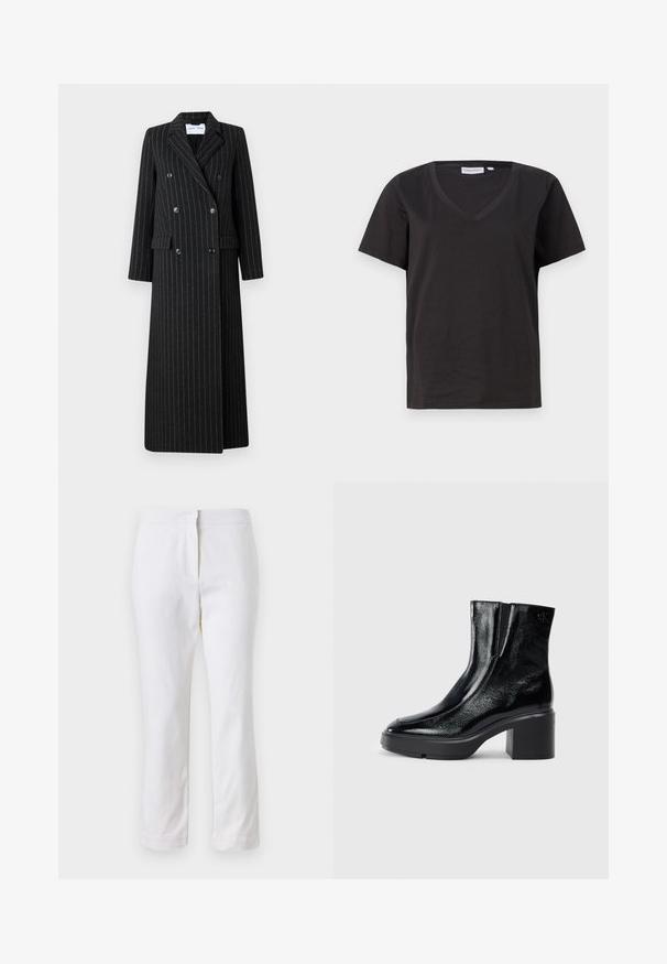 Doppeltknopf langer Mantel aus schwarzem Stoff mit dezenten Nadelstreifen. Verfügt über fein eingeknöpfte Revers, seitliche Taschen und Knopfdetails.; Schwarzes Baumwoll-T-Shirt mit V-Ausschnitt und kurzen Ärmeln. Einfaches Design mit normalem Schnitt und ohne Muster oder Akzente.; Weiße Baumwollhose mit geradem Bein, mittelhoher Taille und ohne sichtbare Beschläge oder Muster. Glatte Textur auf der gesamten Fläche.; Schwarze Lackleder-Stiefeletten mit einer geschwungenen Zehenpartie, elastischen Seiteneinsätzen und einem klobigen Blockabsatz. Mit geprägtem Logo auf der Rückseite.