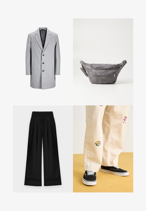 Hele hall harjatud villane mantel, millel on lõikega krae, kolm musta nööpi ja kaks küljetaskut. Omab puhtaid, kohandatud siluette.; Tume roheline kapuutsiga sviiter, mis on valmistatud pehmest kangast, millel on kenguru tasku, paelad ja valge tekstilogo vasakul rinnakorvil.; Mustrite ruudulised laiad püksid, millel on pleidid, sujuva tekstuuri ja klassikaline disain. Kerge kangas mugavuseks.; Bežistestased püksid, millel on mängulised tikandid, sealhulgas roosa tegelane ja värvikad plokid, koos mustade nöörkingadega.; Hallikate nahast vöö kott, millel on ümar kuju, kaks tõmblukuga taskut ning reguleeritav rihm. Varustatud metallist detailide aktsentidega.