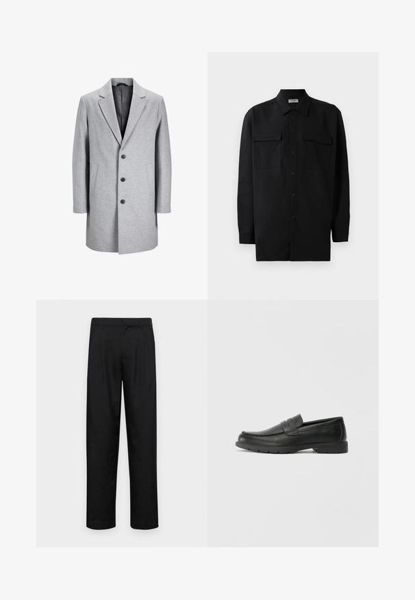 Hellgrauer Wollmantel mit Reverskragen, drei schwarzen Knöpfen und zwei seitlichen Taschen. Besitzt eine klare, maßgeschneiderte Silhouette.; Schwarzes Hemd mit Knopfleiste aus glattem Stoff, das einen klassischen Kragen, zwei Brusttaschen und lange Ärmel mit Knopfmanschetten aufweist.; Schwarze Hose aus glattem Stoff, mit geradem Bein Design, zwei vorderen Falten und einem Standardbund mit Gürtelschlaufen.; Schwarze Lederloafers mit glatter Oberfläche, Mokassin-oberteil, genähten Details und Gummisohle. Klassisches Design mit niedrigem Absatz.