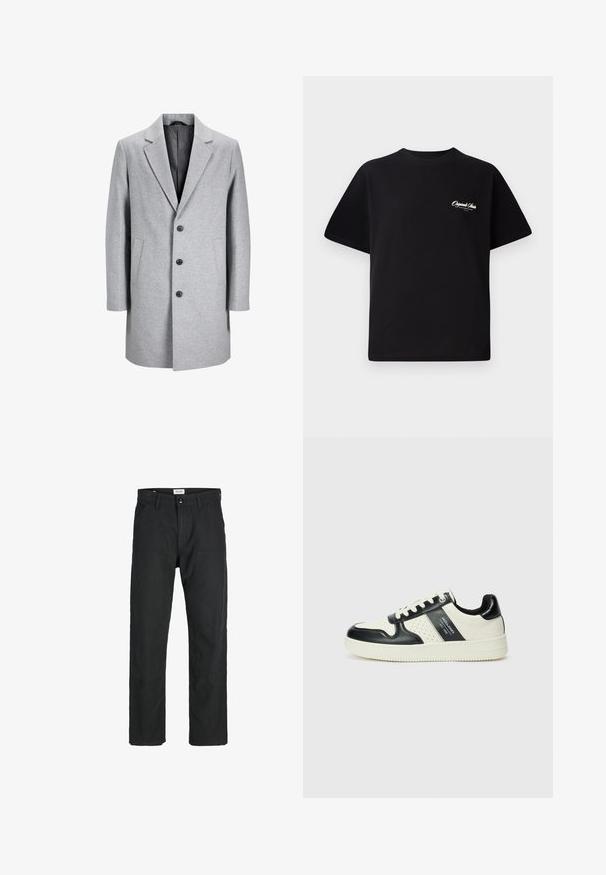 Hellgrauer Wollmantel mit Reverskragen, drei schwarzen Knöpfen und zwei seitlichen Taschen. Besitzt eine klare, maßgeschneiderte Silhouette.; Schwarzes Baumwoll-T-Shirt mit Rundhalsausschnitt, kurzen Ärmeln und kleinem weißen Logotext auf der linken Brust. Schlichtes Design, klassischer Schnitt.; Schwarze Hosen aus strapazierfähigem Stoff, mit geradem Bein, genähten Akzenten und zwei vorderen Taschen für Funktionalität.; Leder-Sneaker in Schwarz- und Cremetönen, mit perforierten Akzenten, einem gepolsterten Kragen und einer strukturierten Laufsohle.