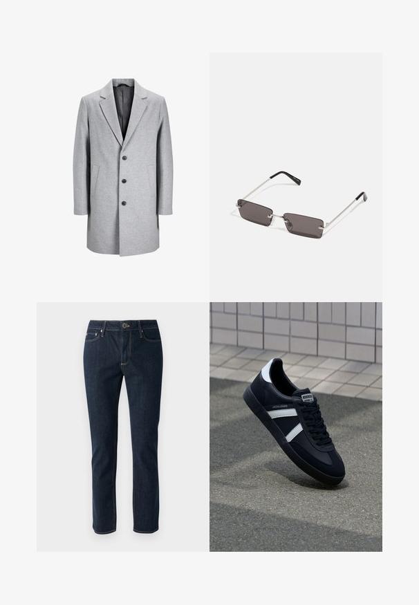 Jasnoszary wełniany płaszcz z klapami w kształcie litery V, trzema czarnymi guzikami i dwiema bocznymi kieszeniami. Charakteryzuje się schludną, dopasowaną sylwetką.; Biała bawełniana koszulka z krótkim rękawem, okrągłym dekoltem i czerwonym napisem graficznym "PYSZNY ODŚWIEŻAJĄCY OWOC" na przodzie.; Granatowe dżinsy z prostymi nogawkami, z zapięciem na guzik, pięcioma kieszeniami i kontrastowymi szwami. Gładka faktura.; Czarne skórzane sneakersy z białymi paskami, teksturowana gumowa podeszwa i sznurowane z przodu. Posiadają metkę marki na języku.; Okulary przeciwsłoneczne z prostokątnymi, ciemnoszarymi soczewkami, srebrnymi metalowymi ramkami i czarnymi plastikowymi zakończeniami na zausznikach. Lekka konstrukcja z poduszkami nosowymi.