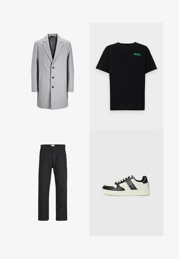 Šviesiai pilkas vilnonis paltas su įpjautu apykakle, trimis juodais mygtukais ir dviem šoninėmis kišenėmis. Pasižymi švaria, prisiūta siluetu.; Juodas medvilninis marškinėliai trumpomis rankovėmis. Priekyje yra žalias „ROOTS“ logotipas, apvalus iškirpimas ir standartinė prigludimo forma.; Juodi kelniai, pagaminti iš tvirto audinio, su tiesiomis kojomis, siuvinėtomis detalėmis ir dviem priekinėmis kišenėmis funkcionalumui.; Odiniai sportbačiai juodos ir kreminės spalvų schemoje, su perforuotais akcentais, paminkštinta apykakle ir tekstūruotu padu.