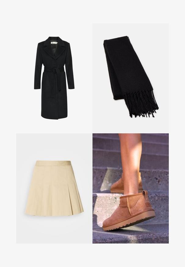 Melna vilnas mēteli ar jostu, sacensēta apkakle un garas piedurknes. Gluda tekstūra un taisna griezuma dizains. Minimālistisks stils.; Melns svītrainais džemperis ar garām piedurknēm, ribotiem aproču un apakšmalu, izgatavots no mīksta materiāla. Vienkāršs, tīrs dizains bez rakstiem vai akcentiem.; Gaiši pelēks kokvilnas svārks ar plisēm, kam ir vidukļa josla un četri vertikāli šuvi priekšpusē. Apakšmala ir nedaudz izplesta, lai nodrošinātu kustību.; Dzeltenbrūnas zamšādas potīšu zābaciņi ar mīkstu tekstūru, izšūtu apdari un gumijas zoli, kas aprīkoti ar cilpu uz papēža ērtai uzvilkšanai.; Melnā šalle, kas izgatavota no mīkstas, strukturētas auduma. Iezīmē frēzētas malas un taisnstūra formu, kas ir piemērota apvīt ap kaklu.