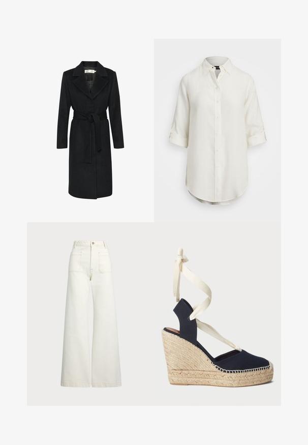 Sort uldfrakke med bælte i taljen, slidskrave og lange ærmer. Glat tekstur og lige snit. Minimalistisk stil.; Hvid linnedskjorte med knaplukning, korte opsmøgede ærmer, krave og afrundet kant. Har lyse knapper.; Pæne brede jeans i off-white denim. Høj talje med knaplukning, to forlommer og detaljer med kontrastsyning.; Marin canvas kilehæle sandal med en espadrille reb ydersål og cremefarvede bånd omkring anklen. Lukket hæl og rund tå design.