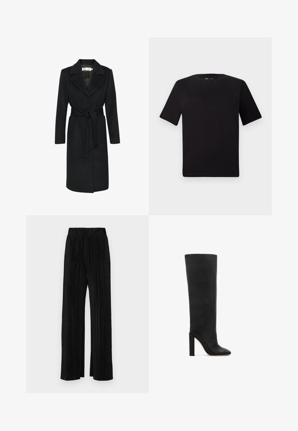 Schwarzer Wollmantel mit tailliertem Schnitt, Reverskragen und langen Ärmeln. Glatte Textur und gerade geschnittenes Design. Minimalistischer Stil.; Schwarzes T-Shirt mit kurzen Ärmeln und Rundhalsausschnitt, aus weichem Baumwollmaterial gefertigt. Schlichtes Design, keine sichtbaren Logos oder Muster.; Schwarze plissierte Hose mit elastischem Bund. Verfügt über weite Hosenbeine und einen glatten, strukturierten Stoff mit vertikalen Streifen.; Schwarze Lederstiefel bis zum Knie mit spitzem Zehenbereich und robustem hohem Absatz. Glatte Textur und minimalistisches Design mit schlanker Silhouette.