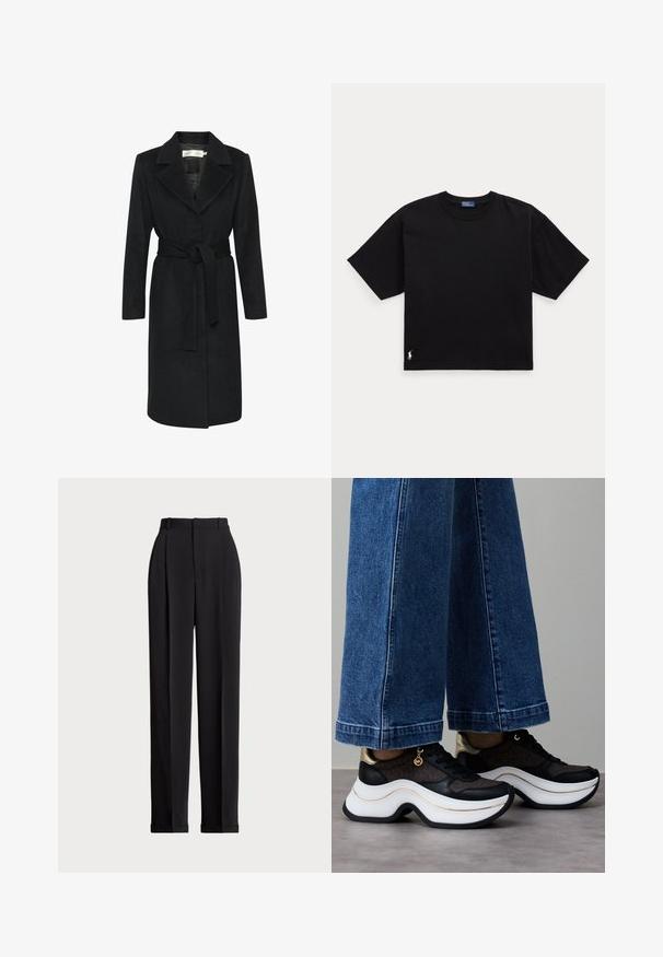 Sort uldfrakke med bælte i taljen, slidskrave og lange ærmer. Glat tekstur og lige snit. Minimalistisk stil.; Sort bomulds T-shirt med korte ærmer, rund hals og et lille hvidt logo i nederste venstre hjørne. Klassisk, boxy pasform med minimal detaljering.; Sorte skrædderbukser med høj talje, der har folder fortil, en lige benlængde og ombukket kant. Lavet af glat stof.; Sorte og guld sneakers med en buet hvid sål. Tekstureret stof med logo-detaljer. Kombineret med brede blå denimbukser.