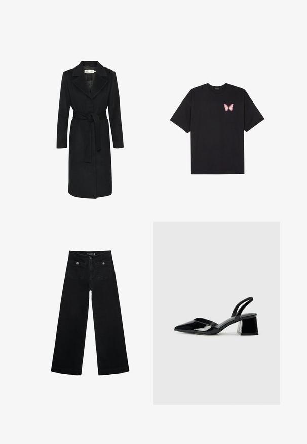 Sort uldfrakke med bælte i taljen, slidskrave og lange ærmer. Glat tekstur og lige snit. Minimalistisk stil.; Sort bomulds T-shirt med korte ærmer, prydet med en lille pink sommerfugl grafik på venstre bryst. Rund hals design med en afslappet pasform.; Sorte vidde jeans med høj talje, der har to forlommer og metalknapdetaljer. Stoffet har en glat tekstur.; Sorte patentlæder slingback hæle med spids tå og en geometrisk blok hæl. Har et elegant, minimalistisk design og en glat tekstur.