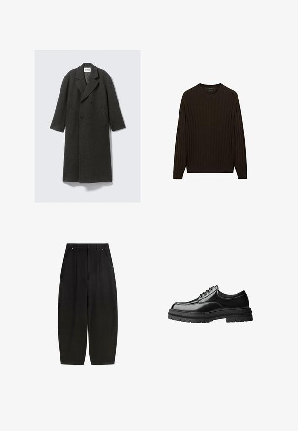 Donkergrijze wollen overjas met een dubbelzijdig ontwerp, notch-lapels en zijzakken. Heeft een gestructureerd oppervlak en is knie-lang.; Bruine geribbelde trui met lange mouwen en een ronde hals. Heeft een gestructureerde stof en een strakke pasvorm bij de taille en de manchetten.; Zwarte brede pantalons met frontzakken, geplooid design en een nette afwerking. Gemaakt van textuurstof met een knoopsluiting.; Zwarte leren schoen met een gladde afwerking, ronde neus, zes gaatjes vetersluiting en een dikke, gestructureerde rubberen zool.