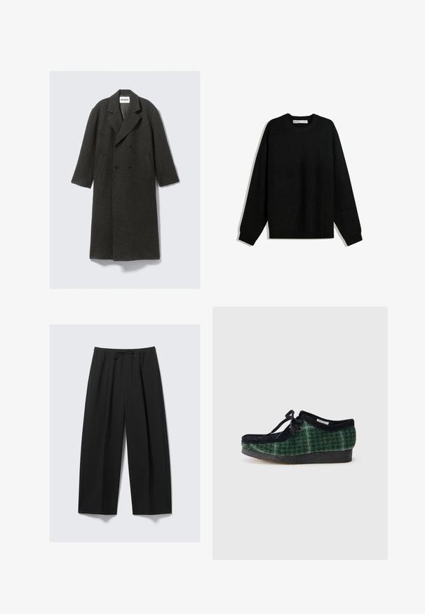 Manteau en laine gris foncé avec un design à double boutonnage, des revers crantés et des poches latérales. Il présente une surface texturée et une coupe jusqu'aux genoux.; Pull en tricot noir avec un col rond, des épaules tombantes et des poignets et un ourlet côtelés. Présente un tissu texturé pour plus de chaleur.; Pantalons larges noirs en tissu léger, avec une taille élastique et un cordon de serrage, sans poches visibles.; Chaussures à motif vert et noir avec une tige en suède, dotées d'un bout rond, de lacets et d'une semelle en caoutchouc texturé.