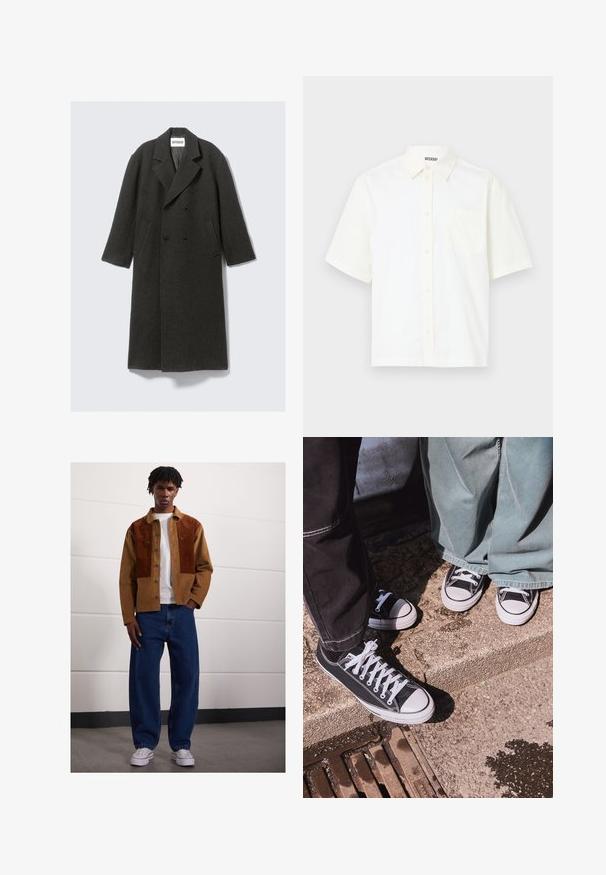 Cappotto in lana grigio scuro con design doppiopetto, rever a punta e tasche laterali. Presenta una superficie texture e una lunghezza fino al ginocchio.; Camicetta a maniche corte con bottoni in cotone bianco sporco. Presenta un colletto e una tasca sul lato sinistro del petto, con un design semplice e una texture morbida.; Uomo che sta in piedi all'interno, indossando una giacca di velluto a coste marrone con macchie arrugginite, una maglietta bianca, jeans blu larghi e sneaker bianche.; Sneaker in tela nera basse con punte e lacci in gomma bianca, abbinate a pantaloni larghi in denim verde, su una superficie di pietra texturizzata.