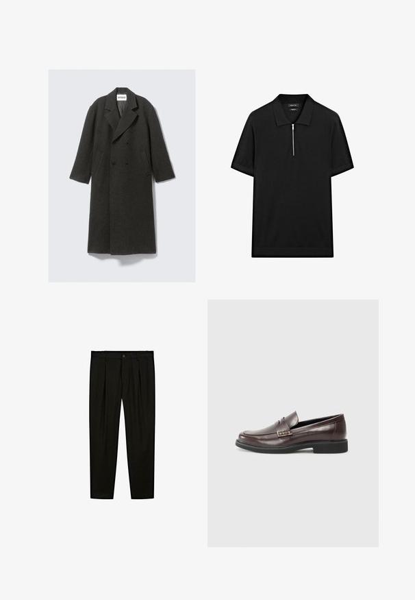 Dark gray wool overcoat with a double-breasted design, notch lapels, and side pockets. Features a textured surface, knee-length cut.; Black short-sleeve polo shirt with a stand collar and a front zipper. Made of a smooth fabric with a clean, minimalist design.; Black tailored trousers made of smooth fabric. Features include flat front, wide legs, and a button closure at the waistband.; Brown leather loafers with a smooth finish, featuring a subtle stitched detail on the upper and a black rubber sole.