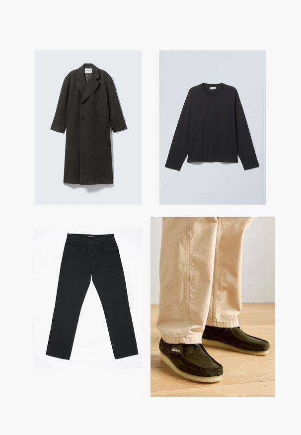 Abrigo de lana gris oscuro con diseño de doble botonadura, solapas de muesca y bolsillos laterales. Presenta una superficie texturizada y un corte hasta la rodilla.; Camiseta negra de manga larga hecha de tejido suave. Cuenta con un escote redondo y un corte relajado. Detalles de costura en los hombros, diseño minimalista.; Jeans de mezclilla negra con un diseño de pierna recta, cinco bolsillos y una cintura clásica. La tela tiene una textura suave y un detalle mínimo.; Zapatos mocasines de ante verde con un detalle de cordones y suela de goma texturizada en color crema, combinados con pantalones de color beige claro.