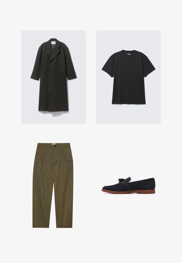 Dunkelgrauer Wollmantel mit doppelter Knopfleiste, Reverskragen und seitlichen Taschen. Verfügt über eine strukturierte Oberfläche und ist knielang.; Schwarzes T-Shirt mit kurzen Ärmeln aus Baumwolle. Hat einen Rundhalsausschnitt und eine lockere Passform. Einfaches Design ohne sichtbare Muster oder Akzente.; Olivgrüne, plissierte Hosen aus glattem Stoff, mit einem Knopfverschluss und geradem Bein. Keine sichtbaren Taschen.; Marineblaue Wildlederslipper mit einer flachen braunen Gummisohle, die vorne mit einem dekorativen Knoten und einer gestickten Verzierung an den Seiten versehen sind.