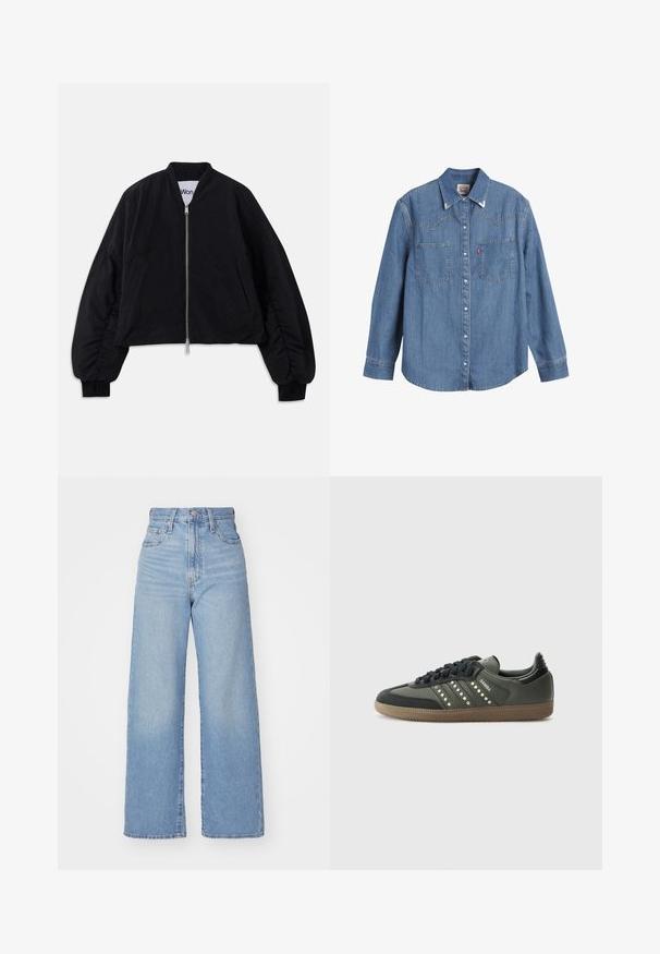 Jachetă bomber scurtă neagră cu închidere prin fermoar, mâneci lungi și puffate și buzunare laterale. Fabricată dintr-un material texturat cu manșete ribbtate.; Cămașă din denim de culoare albastru deschis, cu mâneci lungi, guler ascuțit, două buzunare pe piept și cusături contrastante. Prezintă un design tip yoke în stil vest.; Jeans cu talie înaltă, de culoare albastru deschis, cu croială largă, dotate cu nasture și fermoar la față, buzunare în față și spate, pe un fundal alb.; adidas Originals SAMBA OG - Sneakers low - core black/legend earth/gum