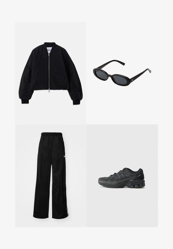 Černá zkrácená bomberová bunda se zipovým zapínáním, dlouhými nafouklými rukávy a bočními kapsami. Vyrobena z texturované tkaniny s žebrovanými manžetami.; Bílý dlouhý rukáv cropped tričko vyrobené z bavlny, s kulatým výstřihem a jednou náprsní kapsou. Hladký povrch s minimalistickým designem.; Černé široké sportovní kalhoty s elastickým pasem, na kterých jsou bílé boční pruhy a malé logo na levém boku. Hladká textilie.; Černé běžecké boty s vrchní částí ze síťoviny, polstrovaným límcem, syntetickými akcenty a texturovanou podrážkou s viditelnými tlumicími prvky.; Černé oversized sluneční brýle s oválnými čočkami, hladkým plastovým rámem a zlatými akcenty na spáncích. Tmavé čočky poskytují ochranu před sluncem.