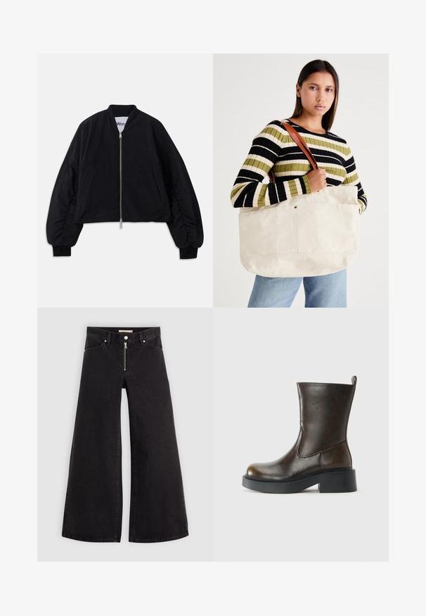 Svart kort bomberjakke med glidelås, lange puffede ermer og sidelommer. Laget av strukturert stoff med ribbestrikkede mansjetter.; Svart bomull t-skjorte med korte ermer, med et håndgrafikk og teksten "Levi's LA LUNE" i hvitt på venstre brystområde.; Vide benbukser i sort denim med glidelås i front, fem-lomme design og subtile sømdetaljer. Glatt tekstur og avslappet stil.; Mørkebrun skinnstøvlett til midt på leggen med rund tå, tykk svart såle, lav blokkhel og trekkflik bak.; Stor beige kanvas tote bag med brune lærreimer, med et minimalistisk design og synlige sømdetaljer.