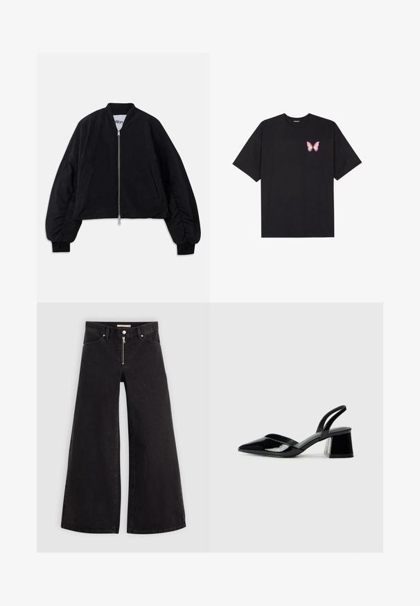 Čierna skrátená bomber bunda so zipsom, dlhými vypchatými rukávmi a bočnými vreckami. Vyrobená z textúrovanej tkaniny s ribovanými manžetami.; Čierne bavlnené tričko s krátkymi rukávmi, s malým ružovým motýlikom na ľavej hrudi. Design s okrúhlym výstrihom a uvoľneným strihom.; Dlhé nohavice vo voľnom strihu z čierneho denimu so zipsom vpredu, päť vrecúškovým dizajnom a jemnými stehovými detailmi. Hladká textúra a neformálny štýl.; Čierne lakované kožené sandálové podpätky s špicatou špičkou a geometrickým blokovým podpätkom. Disponujú elegantným, minimalistickým dizajnom a hladkým povrchom.