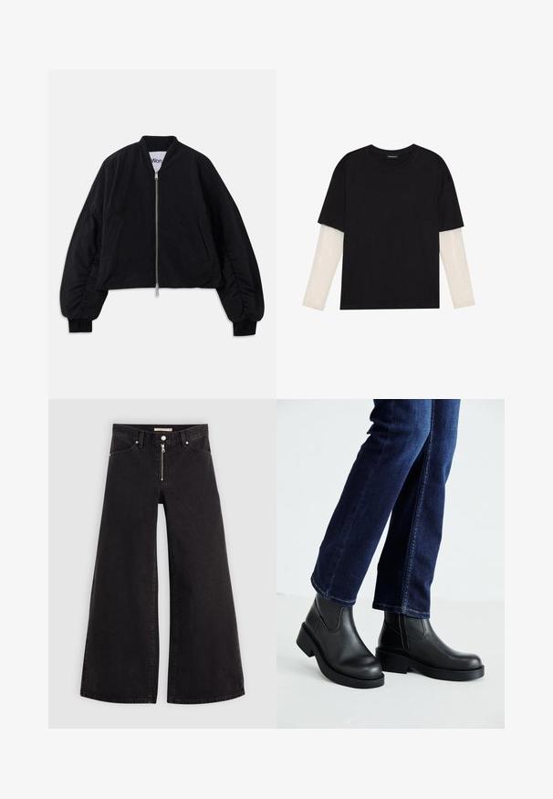Zwart cropped bomberjack met een ritsluiting, lange pofmouwen en zijzakken. Gemaakt van een gestructureerde stof met geribbelde manchetten.; Zwarte T-shirt van katoen, met korte mouwen over een witte lange mouw laag met een subtiel textuurpatroon. Ronde hals ontwerp.; Wijdvallende jeans van zwarte denim met een ritssluiting aan de voorkant, vijf zakken en subtiele stikdetails. Soepele textuur en casual stijl.; Zwarte leren enkelboots met een dikke zool en zij-elastische panelen, gecombineerd met donkerblauwe jeans. De grond is lichtgekleurd.