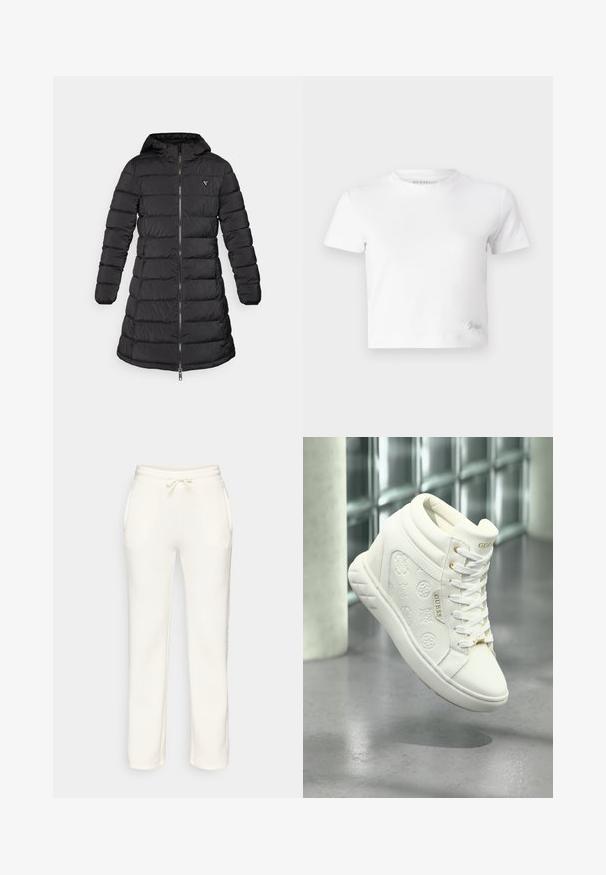 Casaco puffer preto com um design de comprimento intermédio. Apresenta um capô, padrão acolchoado horizontal e um fecho de correr na frente. Inclui um pequeno logo no peito.; T-shirt cropped branco feito de algodão suave, com um decote alto e mangas curtas. Pequeno logótipo bordado no canto inferior.; Calças de moletão brancas com cintura elástica, cordão e bolsos laterais, exibidas contra um fundo simples.; Sapatilhas brancas de cano alto feitas de couro sintético liso, com logótipos em relevo, detalhes em hardware dourado e atacadores brancos. Sola texturizada.