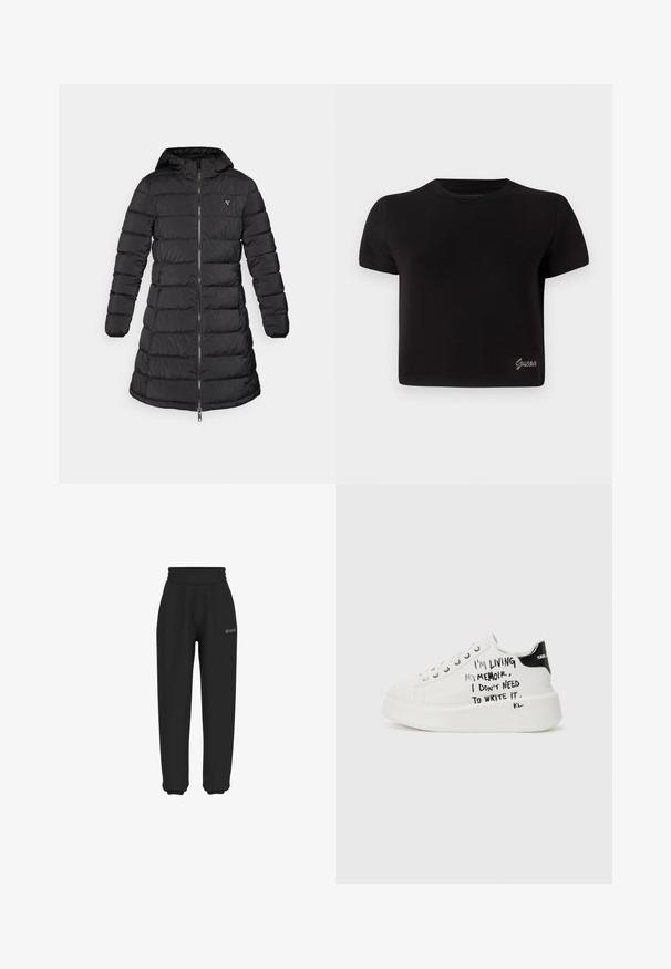 Czarna kurtka puchowa o średniej długości. Posiada kaptur, poziomy wzór pikowania oraz zamek z przodu. Zawiera małe logo na klatce piersiowej.; Czarna, krótko rękawowa koszulka z bawełny. Posiada okrągły dekolt i małe srebrne logo "Guess" na dolnym lewym rogu.; Czarne dresy wykonane z miękkiego materiału, z elastyczną talią i mankietami; posiadają dyskretną logo na obszarze bioder.; Białe trampki na platformie z czarnymi akcentami, z teksturowaną podeszwą i odręcznym tekstem po bokach. Wykonane z gładkiej skóry.
