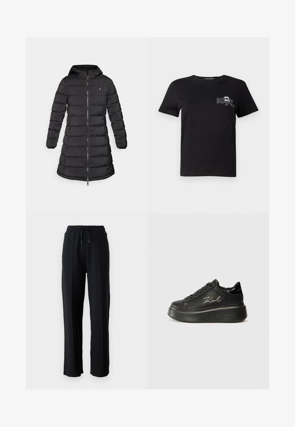 Sort pufferjakke med en mellemlang design. Har hætte, vandret quiltet mønster og en frontlynlås. Inkluderer et lille logo på brystet.; Sort kortærmet t-shirt lavet af bomuld. Har et hvidt grafik med teksten "KARL" og en stiliseret figur på brystet. Rund halsudskæring.; Sorte sweatpants med afslappet pasform, elastisk taljebånd, justerbar snøre og lodrette sømme langs benene. Blød stoftekstur.; Sorte platform sneakers med en glat læderoverdel, flade snørebånd og broderet "Karl" logo på siden. Rundet tå og tyk sål.