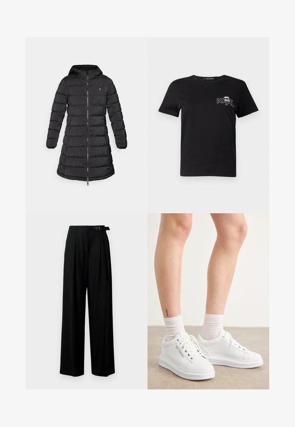 Cămașă puffer neagră cu un design de lungime medie. Include o glugă, un model cusut orizontal și un fermoar frontal. Conține un logo mic pe piept.; Tricou scurt cu mânecă neagră, din bumbac. Prezintă o grafică albă cu textul "KARL" și o figură stilizată pe piept. Guler rotund.; Pantaloni negri cu croi larg, talie înaltă, pliuri în față și un b μέρος cu cataramă. Confecționați dintr-un material neted și ușor.; Adidași din piele albă cu o textură netedă, vârf rotund și talpă plată din cauciuc. Șireturile sunt vizibile, iar manșetele șosetelor sunt albe.