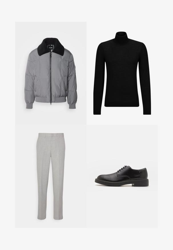 Veste en duvet grise avec un col noir texturé. Comprend une fermeture éclair à l'avant, des poignets côtelés et des poches latérales. Design matelassé sur toute la surface.; Pull à col roulé noir en matériau doux, avec des manches longues et une coupe ajustée. Finition côtelée au bas et aux poignets. Design simple.; Pantalons gris clair avec une texture lisse, devant plat et jambes droites. Fabriqués en tissu respirant, avec poches internes et passants de ceinture.; Chaussure noire en cuir à lacets avec un embout arrondi, texture lisse, piqures minimales et un petit talon en caoutchouc. Logo sur le talon.
