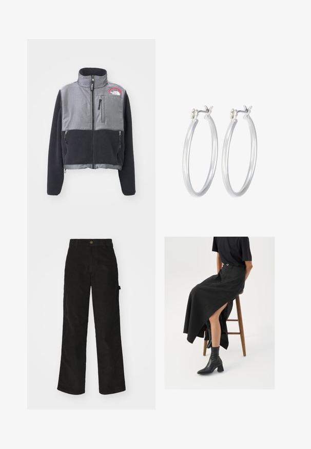 The North Face W RETRO DENALI JACKET - Forro polar - black/moonstone grey; Dos tops de algodón en blanco y negro. Cada uno tiene un escote profundo y tirantes delgados, con una textura suave y lisa.; Pantalones de pana negros con un diseño de pierna recta, que presentan un cierre de botón y bolsillo lateral. Textura suave con finas rayas verticales.; Falda maxi de lino negra con una abertura alta, combinada con una camiseta negra y botines negros. Diseño minimalista con un ajuste relajado.; Pendientes de aro de plata con un acabado liso y pulido. Forma redonda y cierre de click seguro. Diseño ligero adecuado para el uso diario.