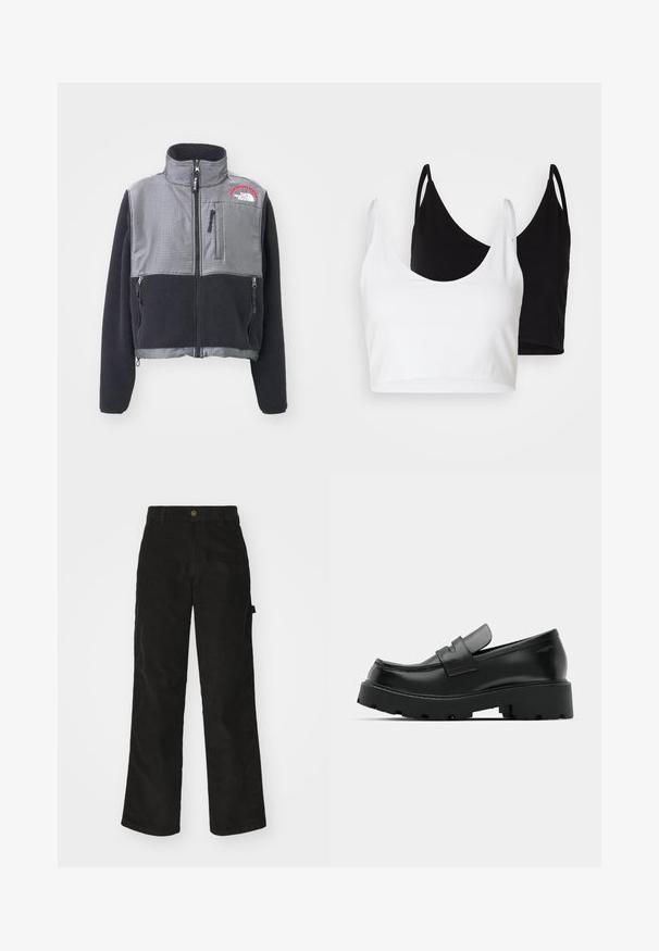 The North Face W RETRO DENALI JACKET - Fleecejacke - black/moonstone grey; Zwei Baumwoll-Crop-Tops in Weiß und Schwarz. Jedes hat einen tiefen Ausschnitt und dünne Träger und verfügt über eine glatte, weiche Textur.; Schwarze Cordhosen mit geradem Schnitt, ausgestattet mit einem Knopfverschluss und einer Seitenlasche. Glatte Textur mit feinen verticalen Streifen.; Schwarze Leder-Loafers mit einer chunky strukturierten Sohle, ausgestattet mit einem Riemen über dem Spann und einer glatten, polierten Oberfläche.