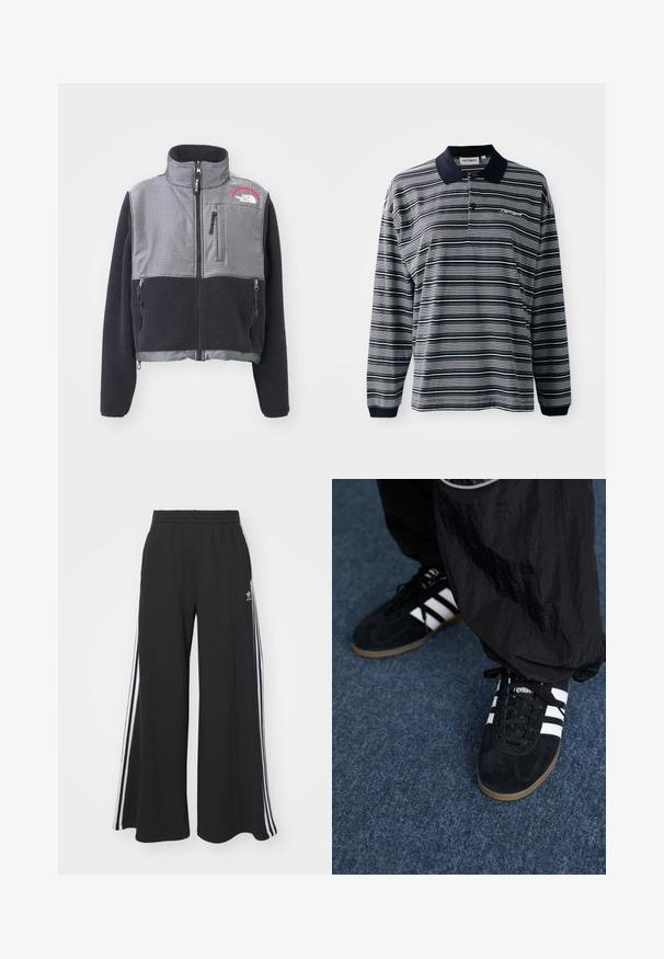 The North Face W RETRO DENALI JACKET - Fleecejakke - black/moonstone grey; Langermet polo shirt i marineblå og hvite striper, i bomull, med krage, tre-knappers placket, og en liten brodert logo på brystet.; Svart vide joggebukser med elastisk midjebånd, med hvite sidestriper og brodert logo på venstre lår.; Svarte semskede joggesko med tre hvite striper og svarte snøring. Et teksturert svart bukse er delvis synlig ved siden av skoene.
