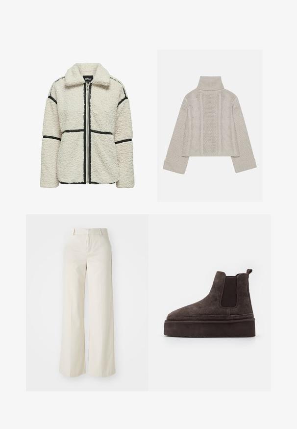 ONLY Fleecejakke - white sand; Afskåret, lysegrå striktrøje med højt krave og ribbede manchetter, prydet med teksturerede kabelmønstre ned ad ryggen og siderne.; Bredde ben-bukser i en lys beige farve, lavet af et glat stof. Har en klassisk talje og flad front med rene linjer.; Brune ruskinds Chelsea støvler med elastiske sidepaneler og en tyk, struktureret platåsål. Har en strop bagpå til nem påtagning.