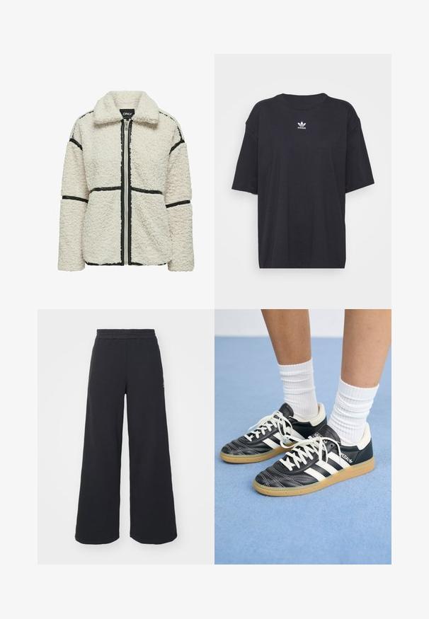 ONLY Fleecejas - white sand; Zwarte katoenen T-shirt met korte mouwen, ronde halslijn, voorzien van een wit Adidas-logo op de borst. Eenvoudig ontwerp, comfortabele pasvorm.; Zwarte wijde sweatpants gemaakt van zachte stof, met een elastische tailleband en een klein logo aan de linkerkant.; Zwarte leren sneakers met witte strepen, ronde neus, witte veters en een gumrubberen zool. Versterkt met een gevoerd kraag en merkdetails.