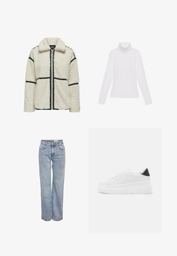 ONLY - Kurtka z polaru; Biała bluzka z długim rękawem i golfem, wykonana z gładkiego, elastycznego materiału. Posiada wysoki kołnierz i dopasowany krój, bez widocznych wzorów czy zdobień.; Jasnoniebieskie dżinsy z szerokimi nogawkami, wykonane z denimu, z wysokim stanem, pięciowgzianą konstrukcją i subtelnym wyblaknięciem, dającym wrażenie noszonych.; Białe sneakersy na platformie wykonane z gładkiego materiału syntetycznego, z zaokrąglonym noskiem, sznurowanym zapięciem i teksturowaną gumową podeszwą. Czarne akcenty na pięcie.