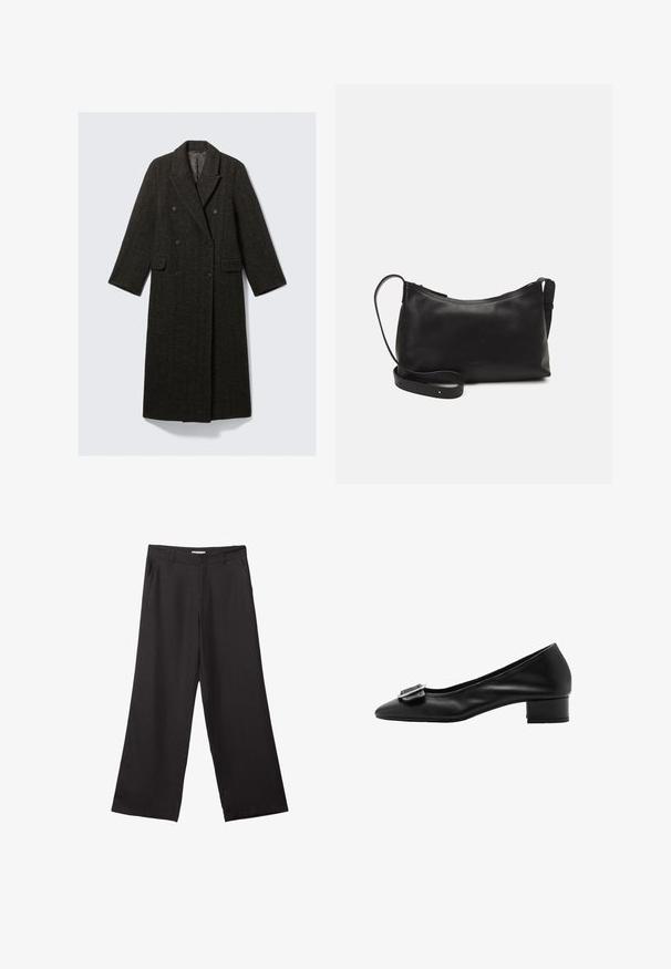 Tuplaorinen takki tummasta herringbone-tweedistä, jossa on sahalaitakotka, kaksi etutaskua ja pitkät hihat.; Ruskea neulepaita, jossa on korkea kaula-aukko, pitkät hihat ja yhteensopiva vyö. Pehmeä rakenne ja rento malli.; Mustat leveälahkeiset housut, jotka on valmistettu sileästä kankaasta. Niissä on edessä vetoketju ja kaksi sivutaskua, ja niiden muotoilu on räätälöity ja minimalistinen.; Musta nahkakengät, joissa on terävä kärki, pieni loivasti nouseva korko ja koristeelliset soljet päällä. Sileä pinta ja yksinkertainen muotoilu.; Musta nahkainen olkalaukku, jossa on sileä pinta, kaareva muoto, säädettävä hihna ja vetoketjukiinnitys. Minimalistinen muotoilu ilman koristeita.