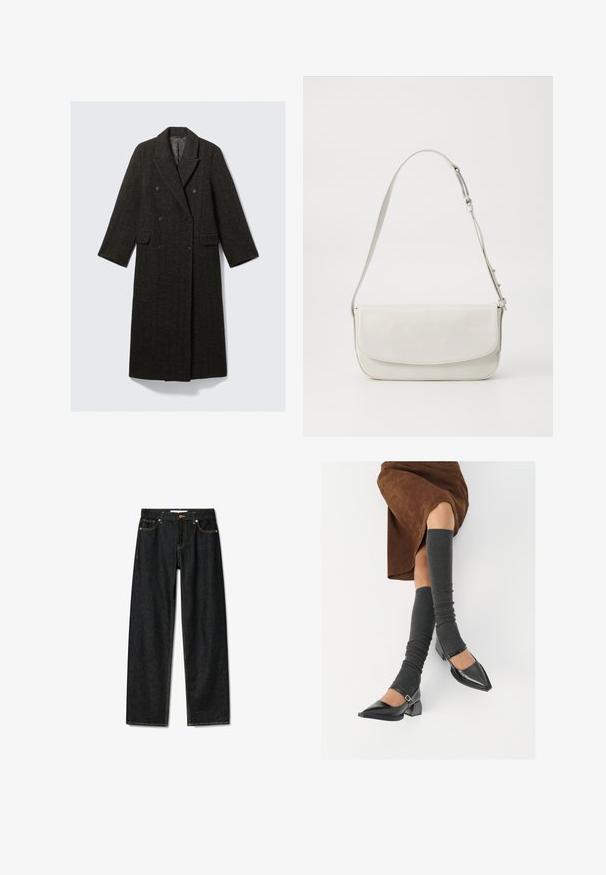 Double-breasted coat in dark herringbone tweed, featuring a notched collar, two front pockets, and long sleeves.; Navy blue sweater with a V-neck, long sleeves, ribbed cuffs and hem. Made of soft knit material, featuring a relaxed fit and minimal design.; Dark denim jeans with a straight-cut design, brass button closure, and contrasting yellow stitching. Features five pockets and a classic fit.; Black patent leather pointed-toe shoes with a block heel and ankle strap, paired with gray ribbed leg warmers and a brown suede skirt.; White leather shoulder bag with a smooth finish, rectangular shape, flap closure, and an adjustable strap. Simple stitching detail.