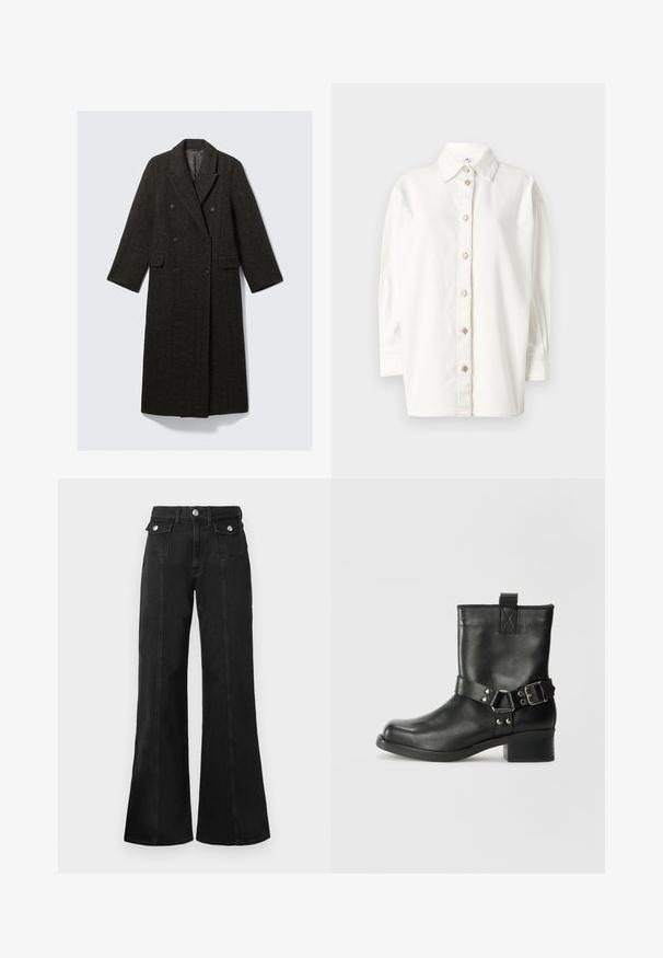 Dunkelgrauer Fischgrät-Wollmantel mit doppelter Knopfleiste, versehen mit einem Reverskragen, zwei Fronttaschen und langen Ärmeln.; Weißes Hemd mit Knopfleiste aus weichem Stoff, klassischem Kragen, frontaler Knopfleiste mit runden Knöpfen und langen Ärmeln mit Manschetten.; Schwarze, weit geschnittene Jeans aus Denim mit hoher Taille, ausgestattet mit zwei vorderen Taschen, silberfarbener Hardware und sichtbaren Nahtdetails an der Vorderseite.; Samsøe Samsøe SABRENTA - Cowboy-/Bikerstiefelette - black
