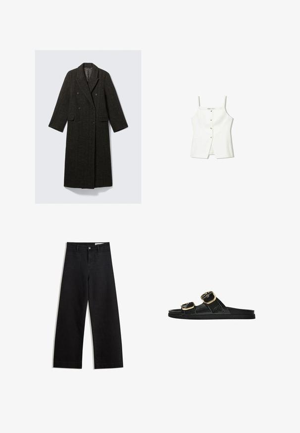 Dunkelgrauer Fischgrät-Wollmantel mit doppelter Knopfleiste, versehen mit einem Reverskragen, zwei Fronttaschen und langen Ärmeln.; Weißes ärmelloses Oberteil mit Knopfleiste, Seitentaschen und einem figurbetonten Design mit leicht ausgestellt geschnittenem Saum. Glatte Textur, minimale Details.; Schwarze weit geschnittene Jeans mit hoher Taille, ausgestattet mit Vorder- und Hintertaschen, gesteppten Nähten und einem Knopfverschluss. Glatte Textur.; Schwarze Riemensandale mit zwei goldenen Schnallendetails, glattem Material, flachem Sohlen und minimalistischer Gestaltung.