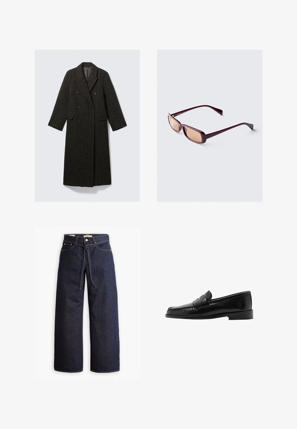 Palton cu dublă închidere din tweed în carouri întunecate, cu guler cu urechi, două buzunare frontale și mâneci lungi.; Cămașă albă cu mâneci lungi, confecționată dintr-un material cu dungi, având un decolteu rotund și o formă ajustată. Nu are modele sau accente.; Blugi din denim cu talie înaltă, de culoare albastru închis, cu picior larg, dotati cu şnur pentru ajustare, cinci buzunare şi detalii de cusătură în contrast.; Pantof cu talpă plată din piele neagră, cu o siluetă curbată, bandă decorativă, cusături texturate și talpă din cauciuc. Finisaj neted și design elegant.; Ochelari de soare burgund cu rame dreptunghiulare, lentile degradate și brațe elegante. Materialul are o finisare netedă, lucioasă.; Geantă de umăr țesută neagră, cu două mânere rezistente, având o textură lucioasă și un design deschis, spațios la partea superioară.