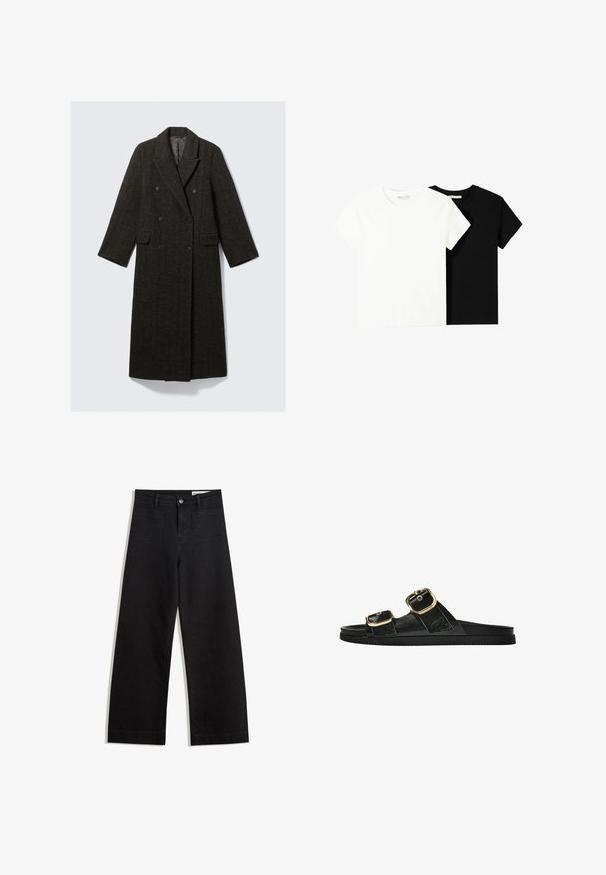 Dubbel gevoerde jas van donker herringbone-tweed, met een opstaande kraag, twee zijzakken en lange mouwen.; Twee t-shirts met korte mouwen, één wit en één zwart, gemaakt van katoen. Beide hebben een ronde halslijn en een eenvoudig, klassiek ontwerp.; Zwarte denim broek met wijde pijpen en een hoge taille, voorzien van voor- en achterzakken, gestikte naden en een knoopsluiting. Gladde textuur.; Zwarte slipper met twee gouden gesps, gladde textuur, platte zool en een minimalistisch ontwerp.