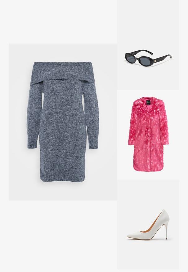 Krzno od umjetnog krzna u svijetlo ružičastoj boji s mekom teksturom, s raspršenim bijelim točkama, ovratnikom i kopčama na gumbe. Opusti kroj i do koljena.; Pletena haljina od vune u tamno sivoj boji s otvorenim ramenima, dugim rukavima i teksturiranim uzorkom.; Bijele lakirane cipele na visokom petu s uskim vrhom i tankim štiklama, s glatkom teksturom i bež unutrašnjošću.; Crne ovalne sunčane naočale s tamnim staklima, sjajnim plastičnim okvirom, širokim krakovima i malim zlatnim detaljem s jedne strane.
